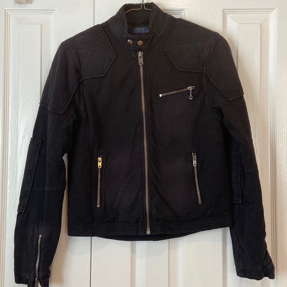 Polo Ralph Lauren Blue Label Black Quilted Cotton Soft Patch Moto Jacket Md